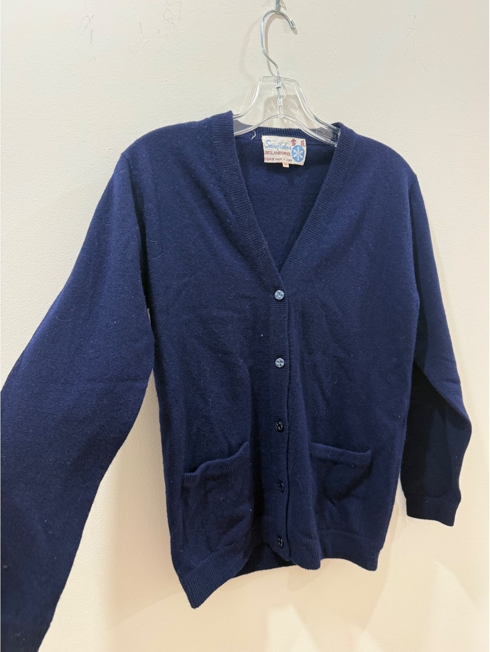 Snowflakes 100% Lambswool Navy Blue Button-Up Cardigan Sweater Size 36